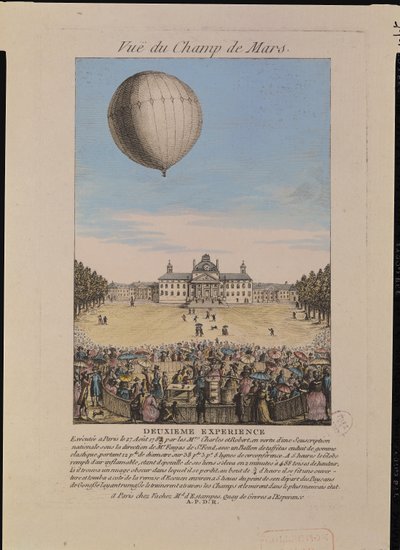 Jacques Alexandre Cesar Charles (1746-1823) and Nicolas Louis Robert (1761-1828) on the Champ de Mars in Paris, 27th August 1783 by French School